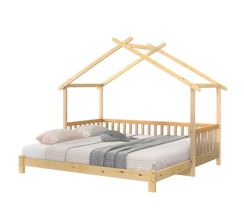 Lit Cabane 90x200 Cm - Lit Extensible En Forme De Maison Avec Grille Et Sommier - Stable  - Naturel