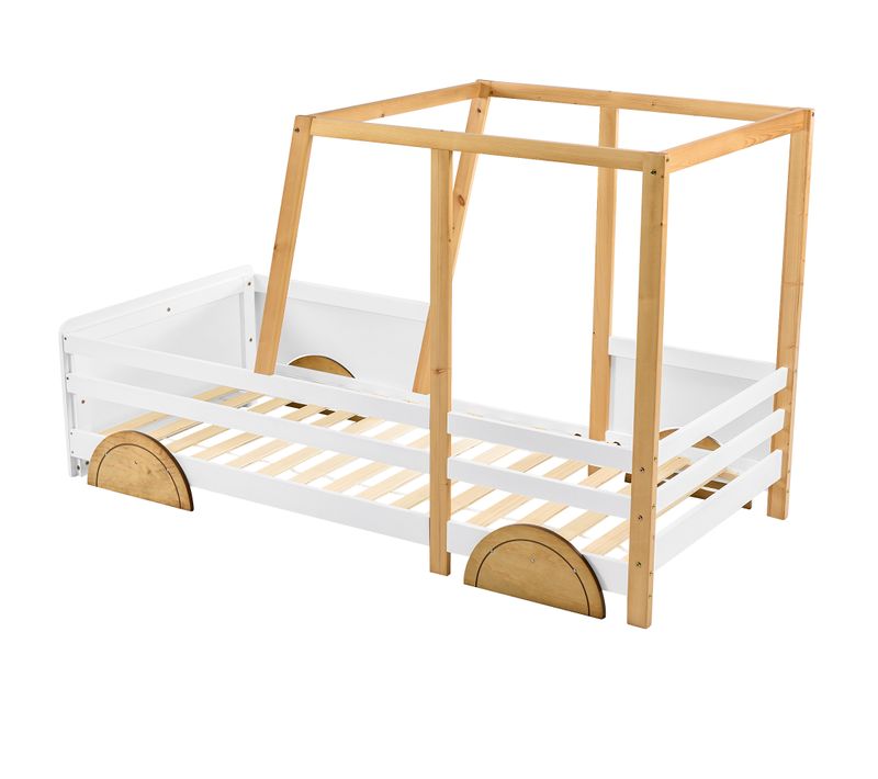 Lit Enfant 90x200 Cm - Lit Voiture - Forme De Roulettes - Design Cabane Amusant - Moderne - Blanc