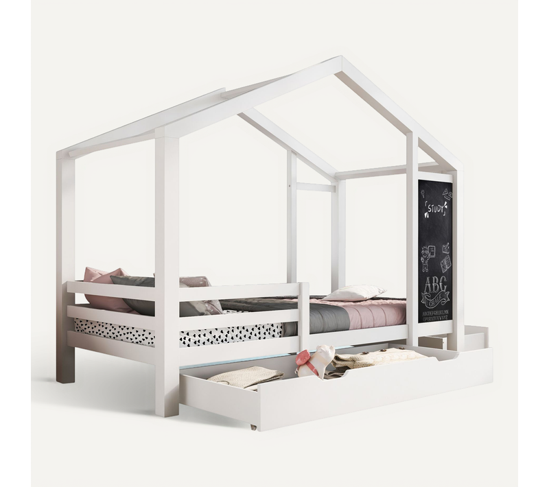 Lit Cabane Enfant 90x200 Cm - Lit Avec Tableau + Grands Tiroirs - Design Ludique - Blanc