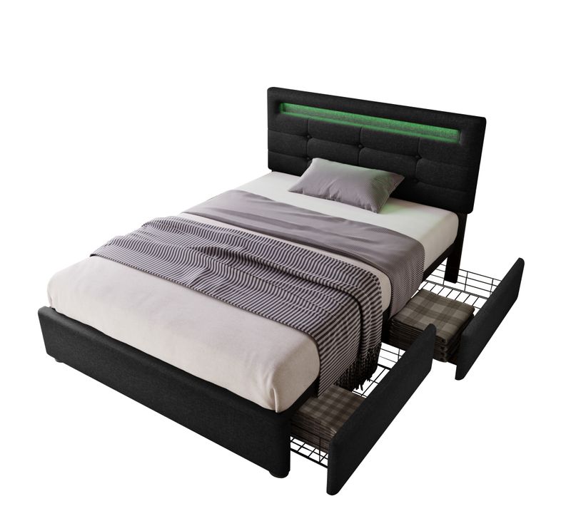Lit Rangement 90x200cm - Capitonné Tête Réglable - Lin - Métal - Noir