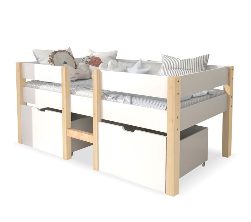 Lit Cabane 90x190 Cm Mi-hauteur Enfant Avec Protection Antichute Et Tiroirs - Design Moderne - Blanc