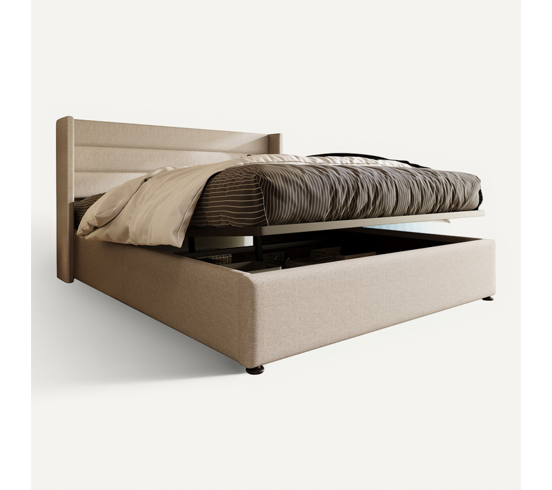 Lit Coffre 160x200 Cm - Lit Double Capitonné Beige Avec Sommier à Lattes - Lin