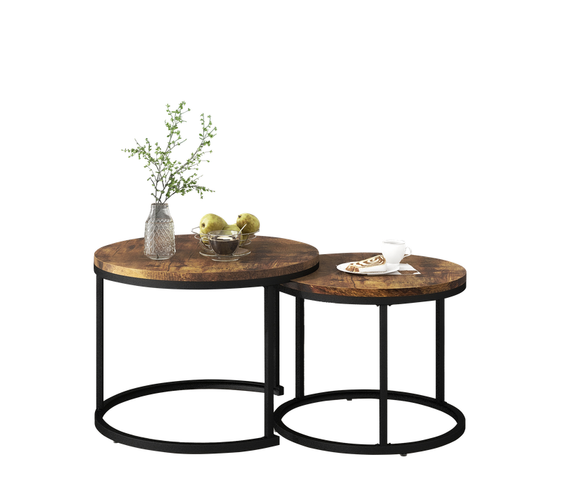 Tables Basses Gigognes Rondes - Lot De 2 - Mdf Imitation - Métal - Brun
