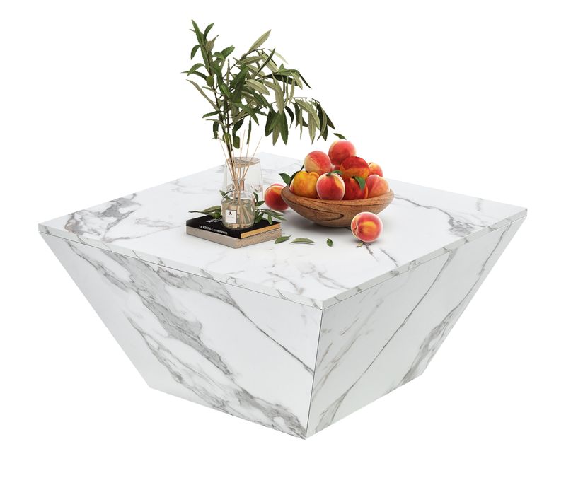 Table Basse Moderne Effet Marbre, Forme Trapézoïdale, 2 Tiroirs, Mdf, Blanc, 70×70×37 Cm