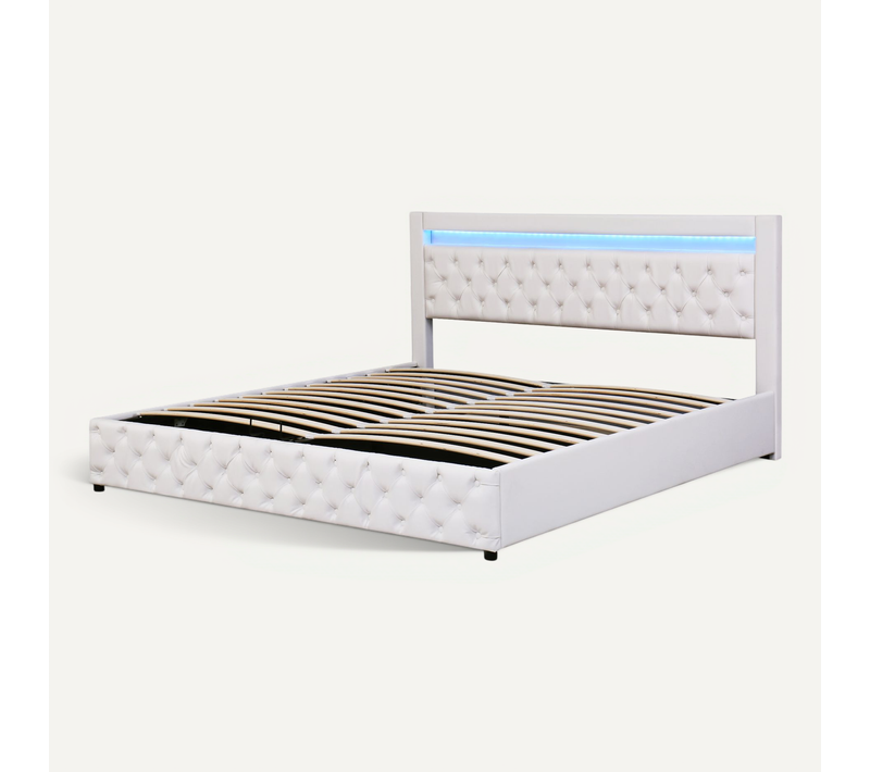 Lit Double 180x200 Cm - Rangement Caché - Éclairage LED Intégré - Lit Adulte Capitonné - Pu - Blanc