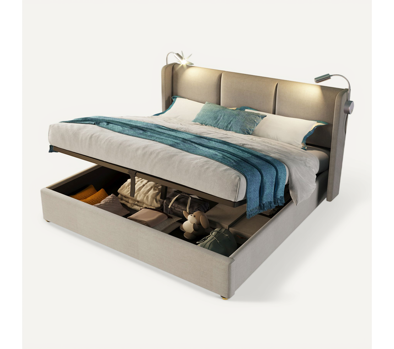 Lit Coffre 160 X 200 Cm - Lit Double Avec Sommier à Lattes Et Lampe USB - Structure Stable - Beige