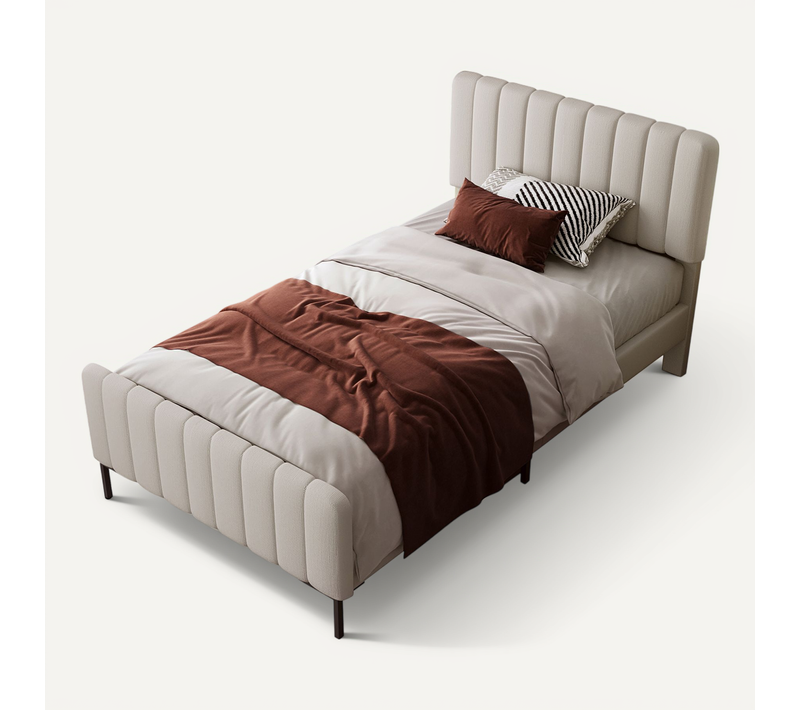 Lit Simple 90x200 Cm - Cadre Avec Tête Capitonnée Ajustable - Structure Stable - Lin Gris Beige
