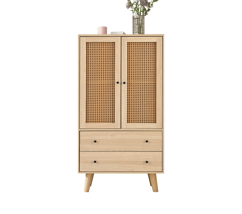 Buffet Salon 2 Portes Rotin Et 2 Tiroirs, 4 Compartiments, Design Moderne, Naturel