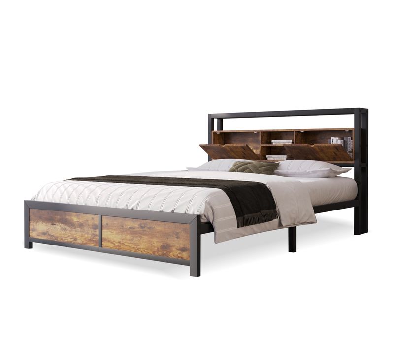 Lit Double 140x200 Cm Avec Rangement - Cadre De Lit Métal Avec Rangement Et Sommier à Lattes- Noir