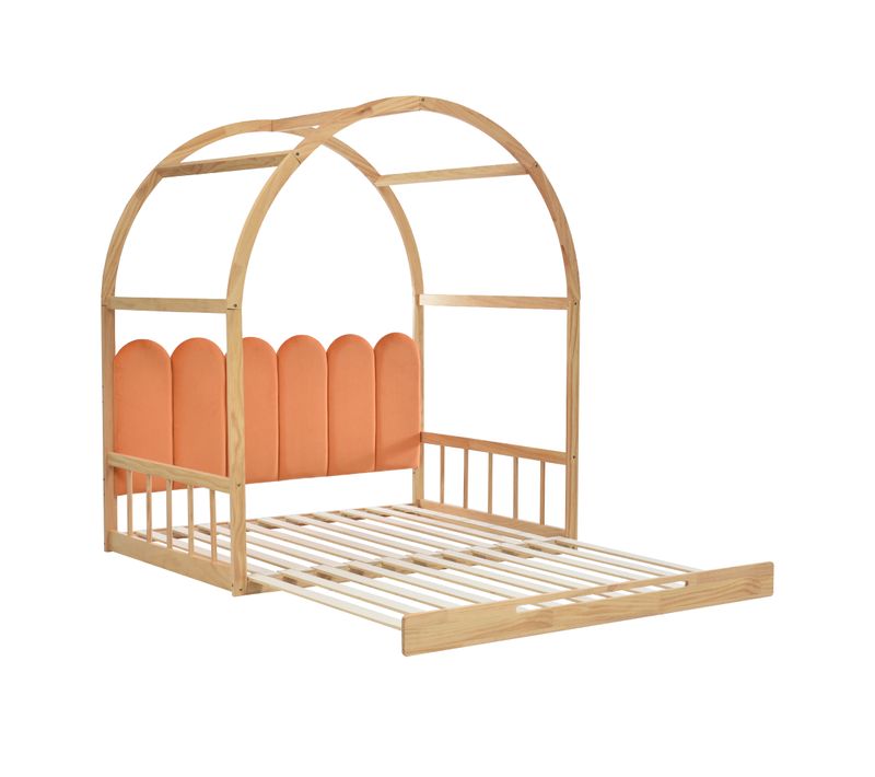 Lit Gigogne 140x200 Cm - Cabane - Toit Arqué - Coussins Douillets - Stable - Naturel Et Orange