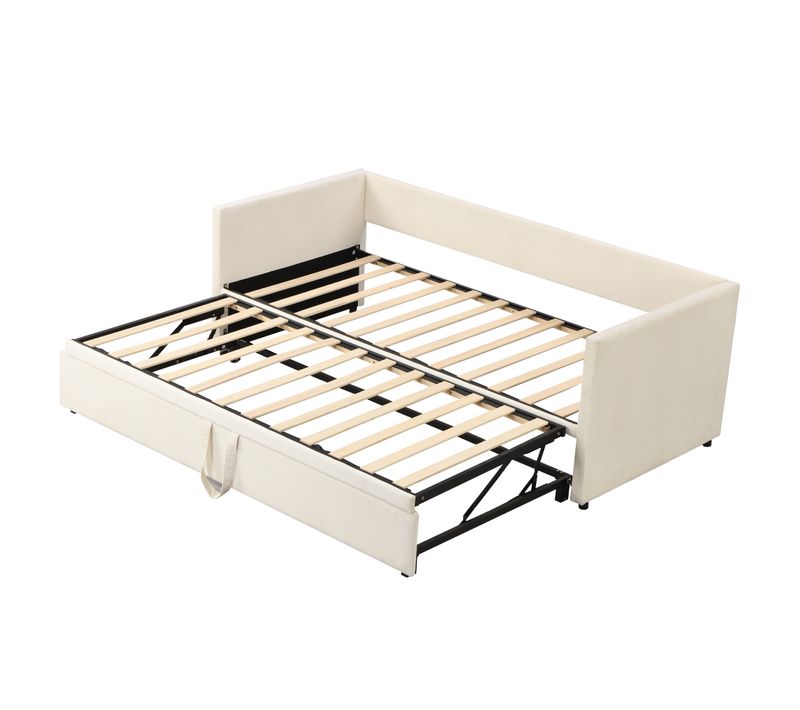 Lit Gigogne 90/180x200 - Multifonction - Rangement - Convertible Pour Chambre D’amis - Velours Beige