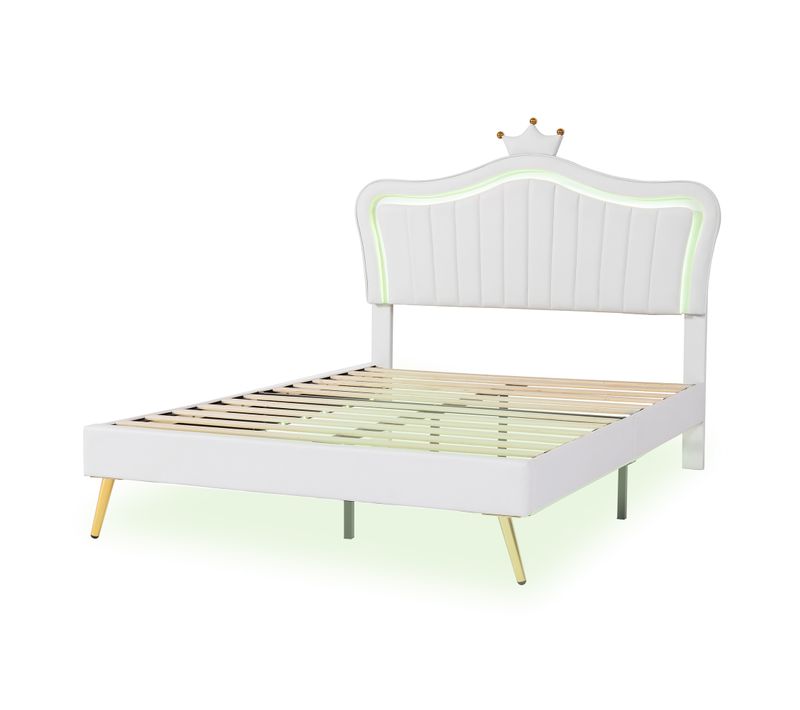 Lit Double 140x200 Cm - Lit Enfant Capitonné Avec Cadre Pu Et LED Intégré - Blanc