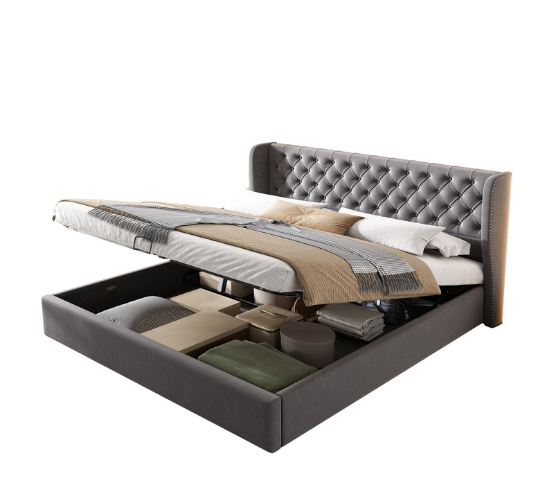 Lit Coffre 160×200 Cm - Lit Double Capitonné Avec Rangement Sous Le Lit - Velours - Gris