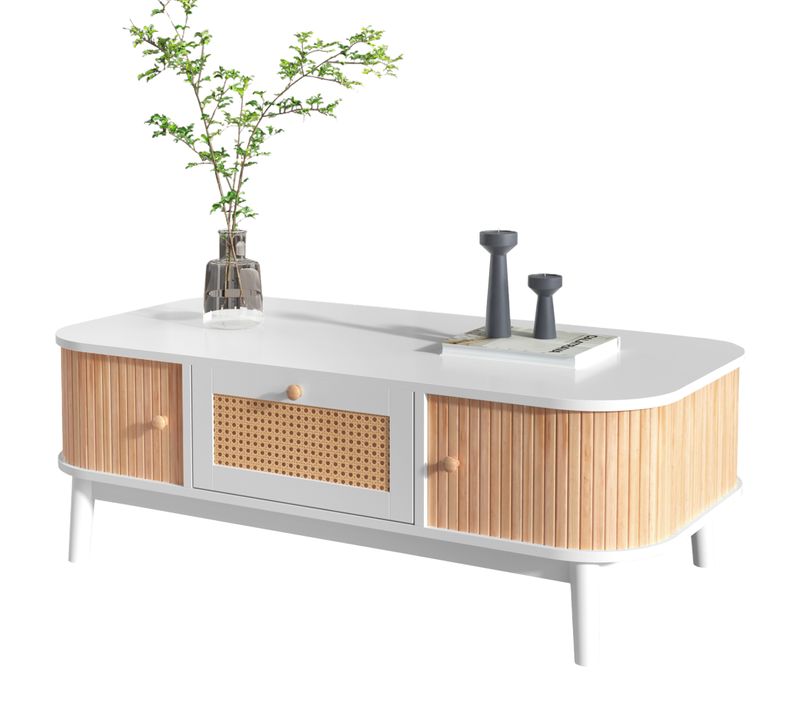 Table Basse Blanche - Tiroirs En Rotin Et Portes Coulissantes, Design Moderne