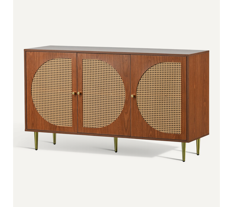 Buffet Moderne 3 Portes Rotin Avec Poignées Métalliques, Rangement Salon Ou Chambre, Marron
