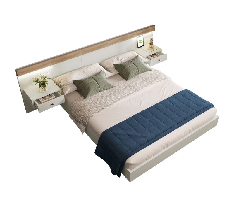 Lit Double 180x200, Avec 2 Tables De Chevet Et Prises USB, Design Moderne, Naturel+Blanc