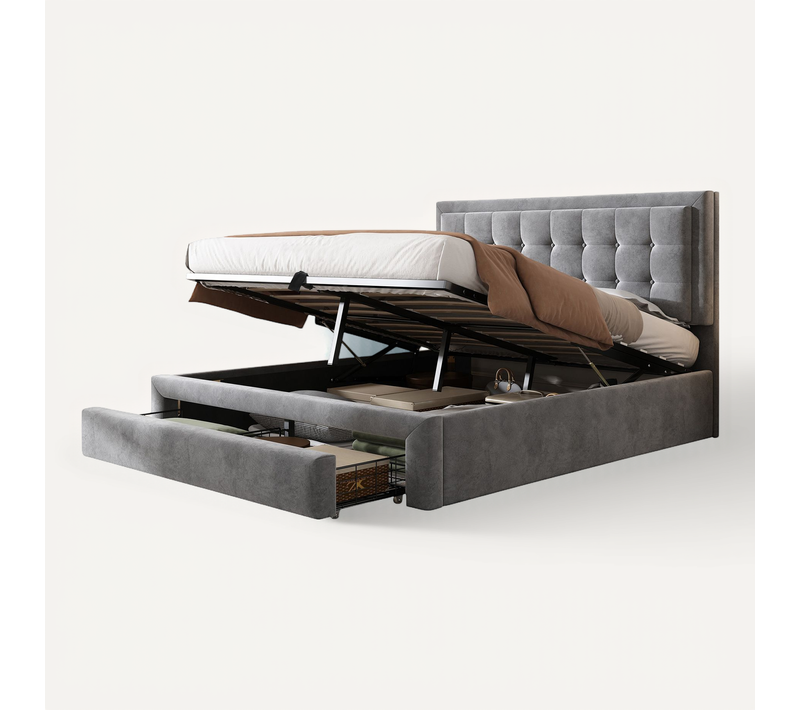 Lit Coffre 140×200 Cm - Lit Double Rembourré Avec Sommier à Lattes - Velours - Gris