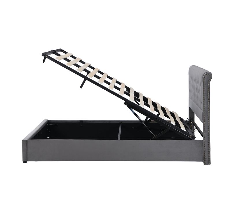 Lit Double 180x200 Cm - Lit Capitonné - Rangement - Sommier Relevable -hydraulique - Velours - Gris