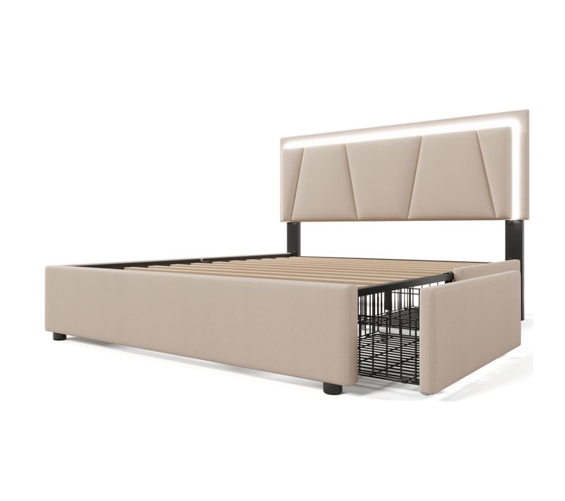 Lit Double 140x200 Cm - LED - Rangement - Lit Capitonné Réglable - Lin Beige