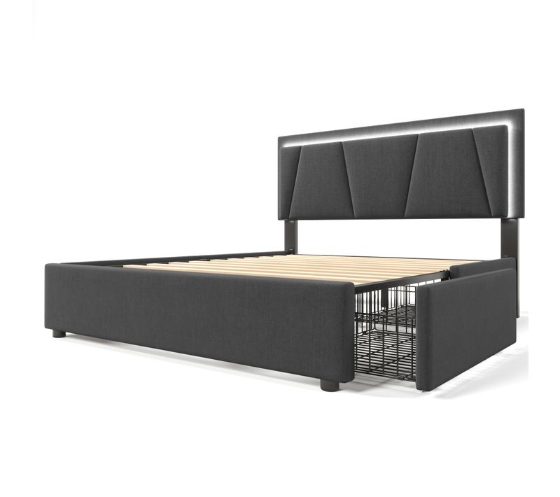 Lit Double 140x200 Cm Avec Éclairage LED Et 4 Tiroirs - Lit Capitonné Adulte Réglable - Gris