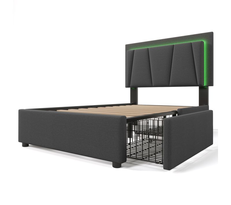 Lit Simple 90x200 Cm Avec Éclairage LED Et 2 Tiroirs - Lit Capitonné Réglable - Gris