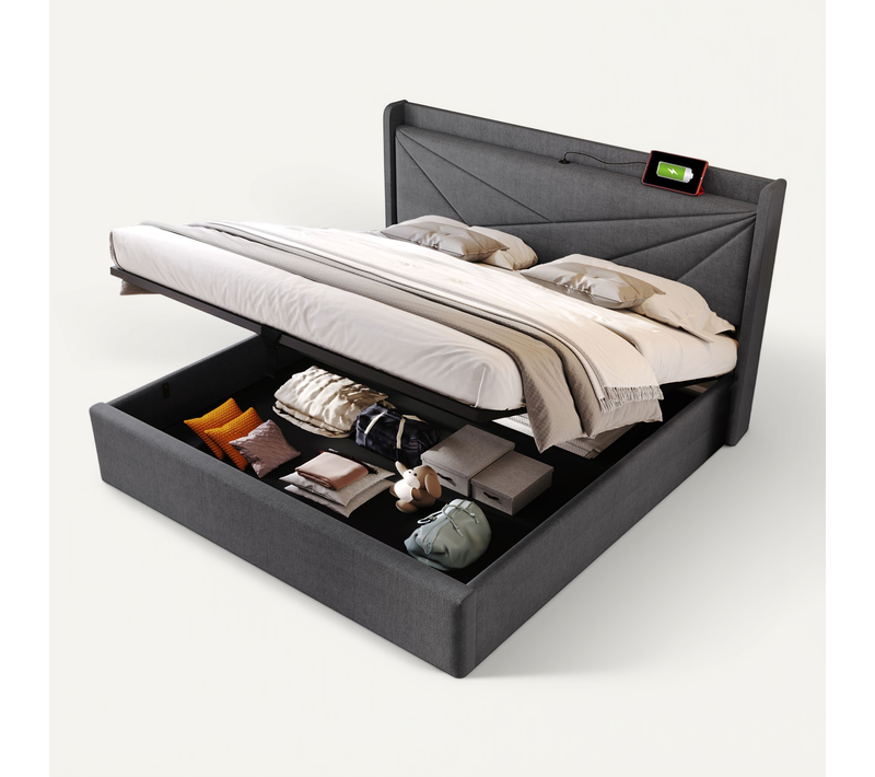 Lit Coffre 140x200 Cm - Lit Double Capitonné Avec Port USB - Design Moderne - Gris
