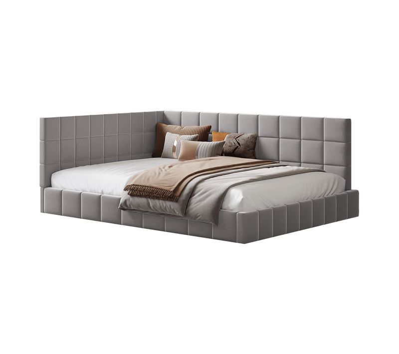 Lit Double 140x200 Cm - Lit Canapé En Velours Avec Sommier Solide, 2 Colis, Gris