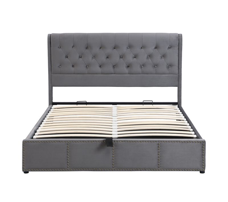 Lit Double 140x200 Cm - Lit Hydraulique Avec Rangement Et Sommier - Banc Intégré - Velours Gris