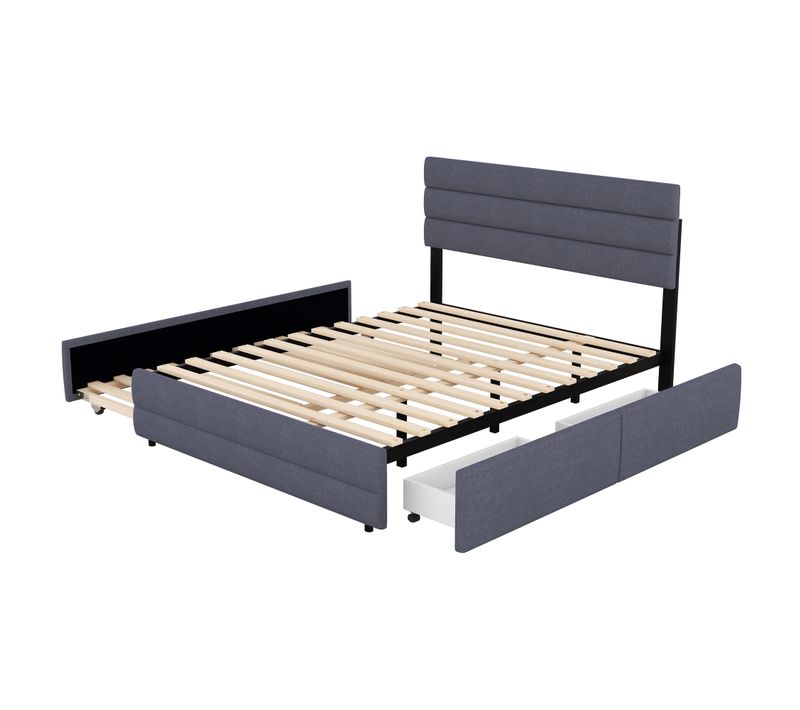 Lit Gigogne 140x200 - Lit Avec Rangement Extensible - Tiroirs Pratiques - Adulte Et Ado - Lin Gris
