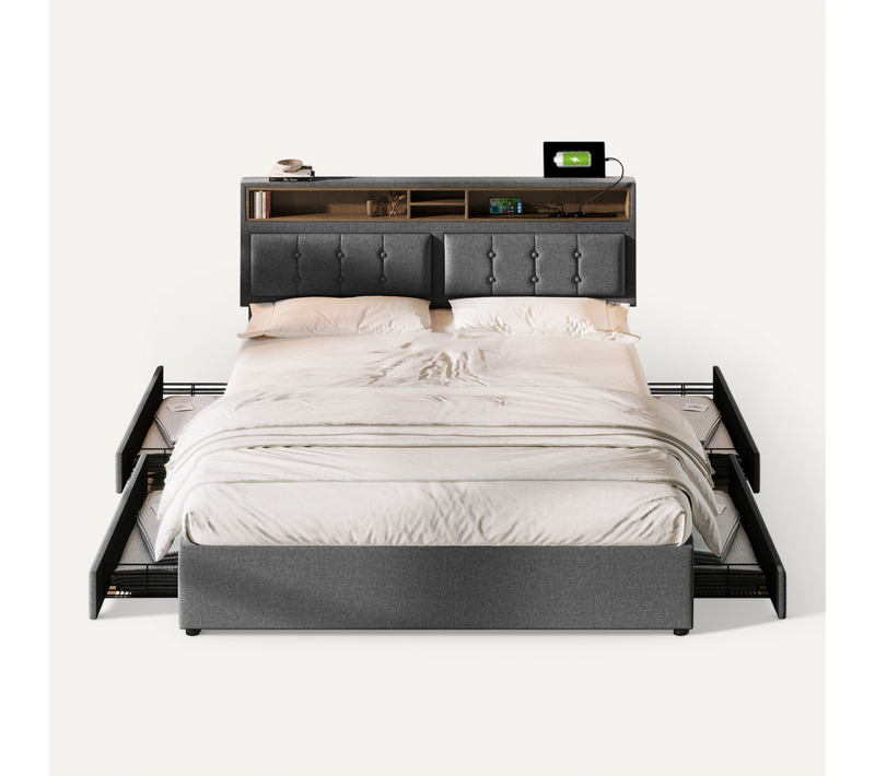Lit 160x200 Cm Avec 4 Tiroirs, USB-c, Tête Réglable - Design Moderne - Gris