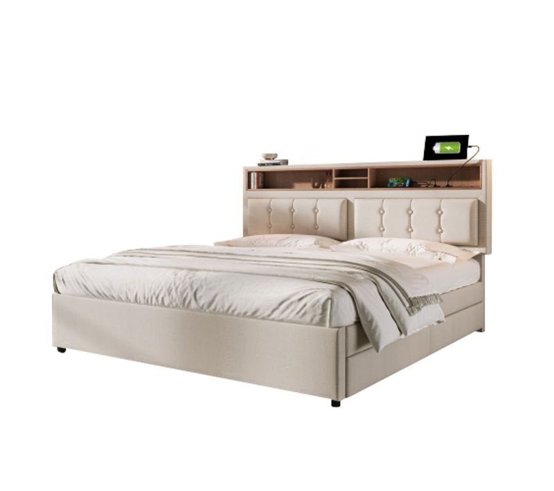 Lit 160x200 Cm Avec Rangement, Tiroirs Et USB-c, Tête Réglable - Design Moderne - Beige