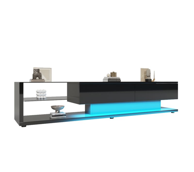 Meuble TV Bas - Portes Vitrées - LED Variable - Finition Brillante - Panneaux Particules - Noir