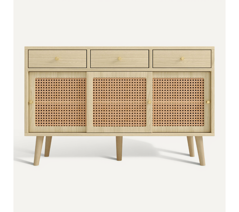 Buffet Contemporain - 3 Tiroirs - 3 Portes Coulissantes - Cannage Rotin - Mdf - Naturel