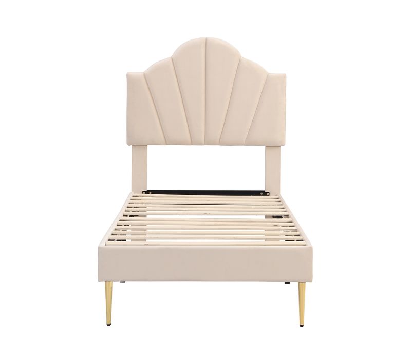 Lit Simple 90x200 Cm - Lit Capitonné Avec Tête Coquillage Ajustable Et Pieds Dorés - Velours - Beige