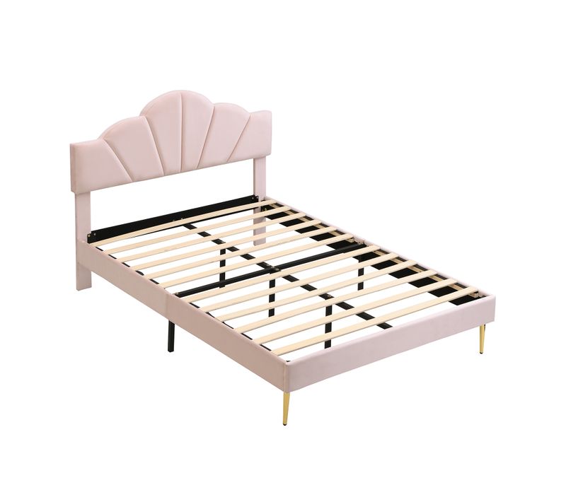 Lit Double 140x200 Cm - Lit Capitonné - Tête De Lit Coquillage Réglable - Sommier - Velours - Rose