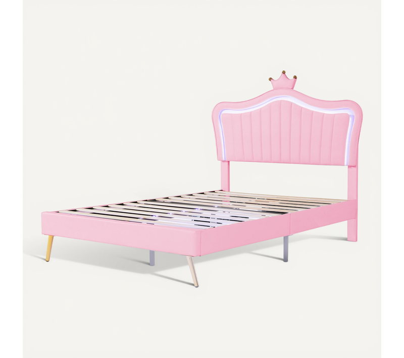 Lit Double 140x200 Cm - Lit Enfant Capitonné Avec LED Et Cadre Pu Couronne Pour Fille - Rose