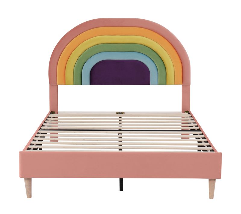 Lit Enfant Double 140x200 Cm - Lit Capitonné - Tête De Lit Arc-en-ciel Ajustable - Velours - Rose