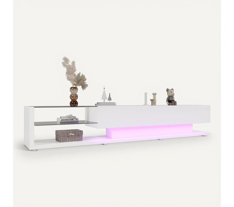 Meuble TV Bas - Portes Vitrées - Lumières LED Variables - Design Contemporain - Mdf - Blanc