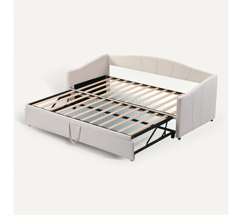 Lit Gigogne 90/180x200 Cm - Canapé-lit Adulte Convertible - Tissu Velours - Beige