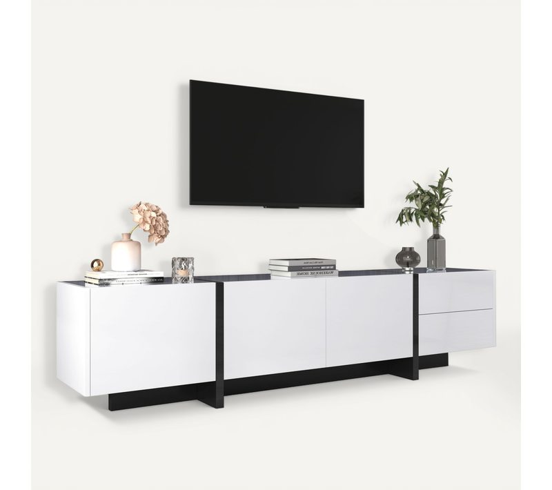 Meuble TV Bas - 3 Portes - 2 Tiroirs - Design Contemporain - Mdf Brillant - Blanc