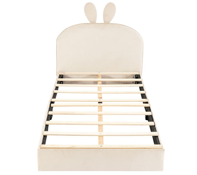Lit Enfant 90x200 Cm - Lit Simple Capitonné Avec Oreilles De Lapin - Velours Beige