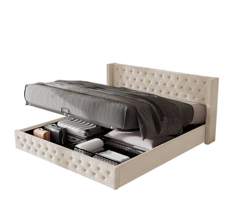 Lit Coffre 160x200 Cm - Rangement Spacieux Hydraulique - Lit Fonctionnel - Velours - Beige