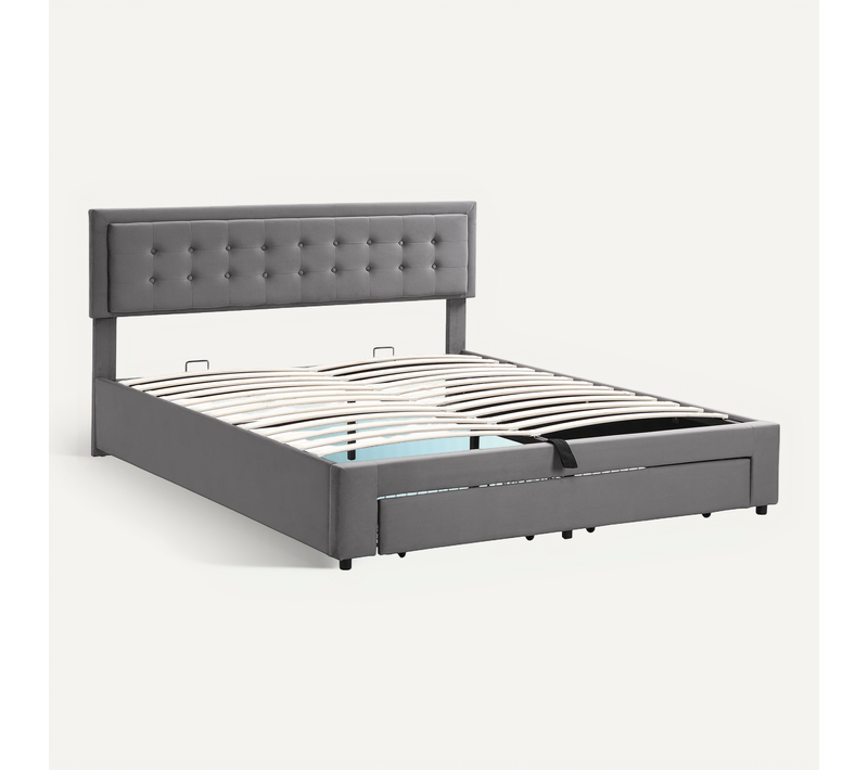 Lit Coffre 160×200 Cm - Lit Double Rembourré Avec Sommier à Lattes - Velours - Contemporain - Gris