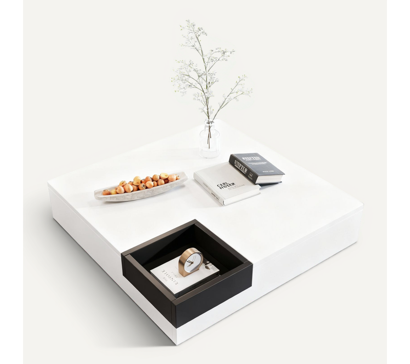 Table Basse 72x72x30 Cm - Carrée Avec LED Et Boîte De Rangement Amovible, Mdf, Blanc + Noir