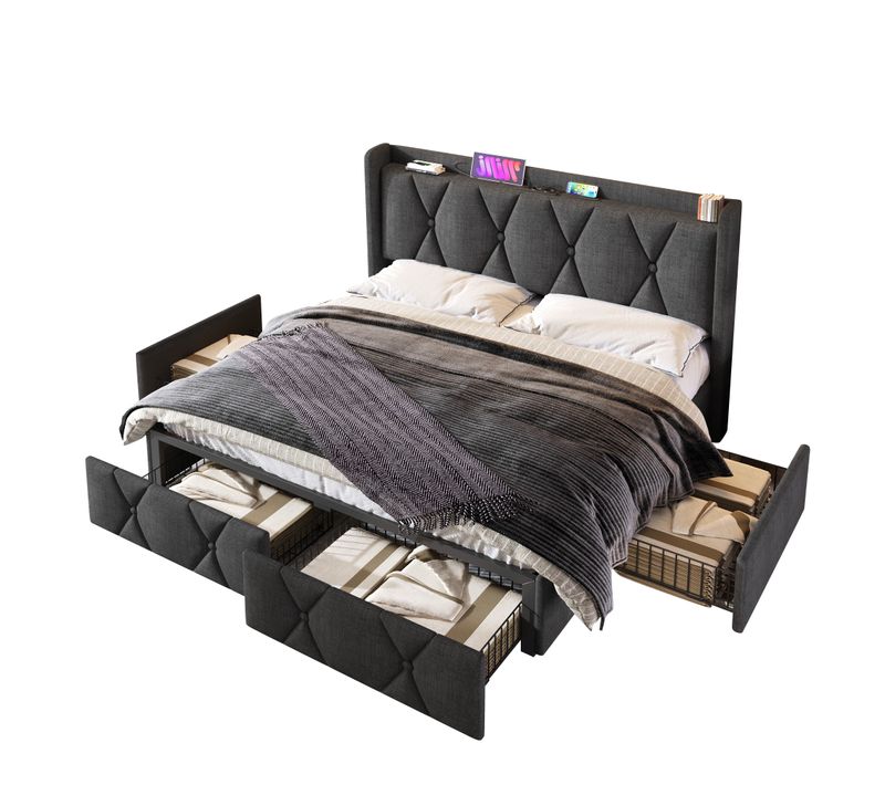 Lit Avec Rangement 160x200 Cm - 4 Tiroirs, Prises USB, Design Capitonné Lin Gris