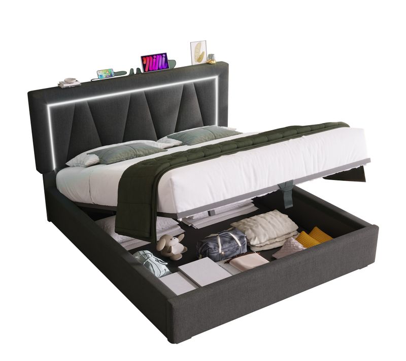 Lit Coffre Double 160x200 Cm - LED - USB Type-c - Lit Capitonné Moderne - Lin - Gris
