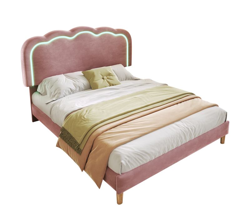 Lit Double Ado 140×200 Cm Avec Sommier à Lattes Et Tête De Lit LED, Velours Rose