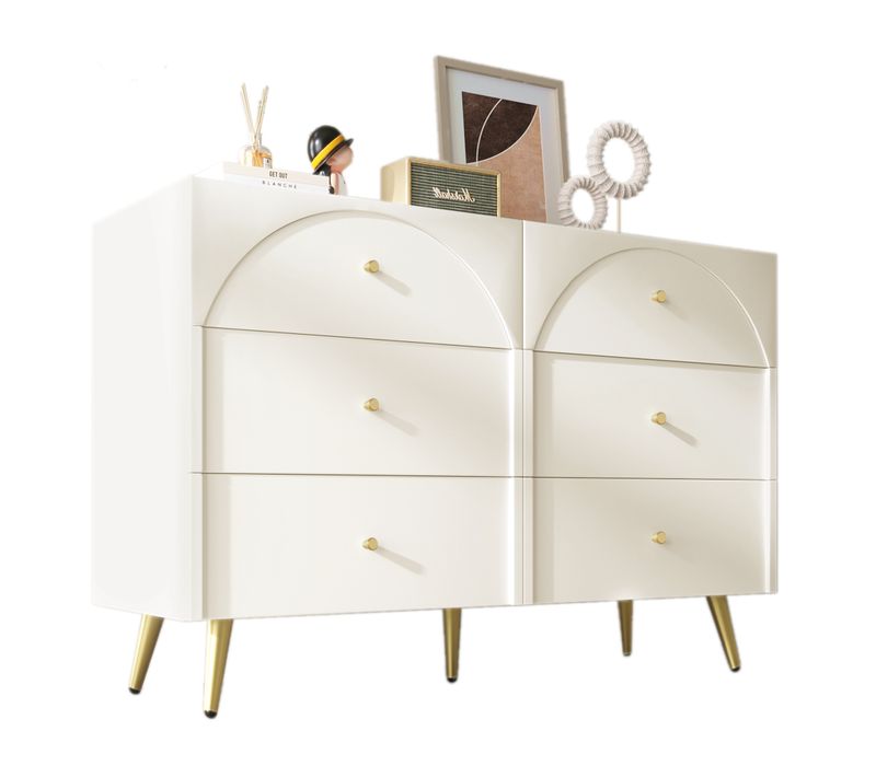 Commode 6 Tiroirs - Rangement Chambre Salon - Structure Métal - Blanc Crème