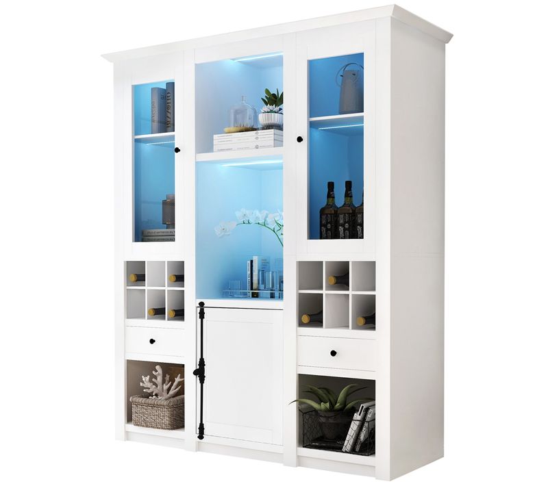 Vitrine De Salon - Mdf - LED Multicolores - Porte Vitrée - Casier à Vin - Tiroir - Finition Blanche
