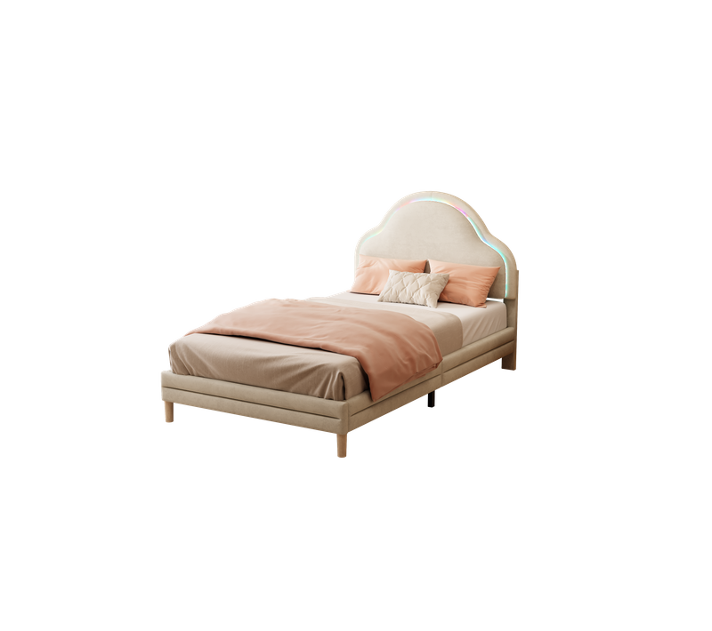 Lit Enfant 90x200 Cm - Lit Avec Tête Nuage Et LED - Velours - Design Moderne - Beige